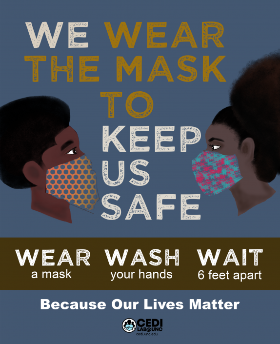 Graphic of two faces wearing fabric masks on either side of text stating, stating "We wear the mask to keep us safe" and directions to "Wear a mask, Wash your hands, Wait 6 feet apart, because our lives matter"
