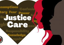 At right, the silhouette of three women in brown, black, and red, over a heart labeled "Justice" and "Care". At lower left is the CEDI logo.
