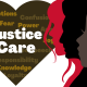 At right, the silhouette of three women in brown, black, and red, over a heart labeled "Justice" and "Care". At lower left is the CEDI logo.