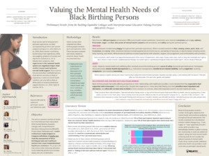 Poster image for BELIEVE poster presentation to the 2024 Shades of Blue conference: Valuing the Mental Health Needs of Black Birthing Persons. The poster describes the survey results from asking Black birthing people about their mental health experiences and concerns.