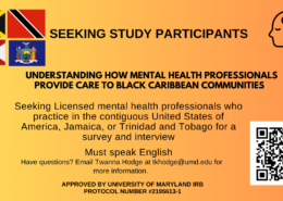 Study Recruitment Flyer titled "Seeking Study Participants: Understanding How Mental Health Professionals Provide Care to Black Caribbean Communities" that lists Twanna Hodge's email and a QR code to more study information